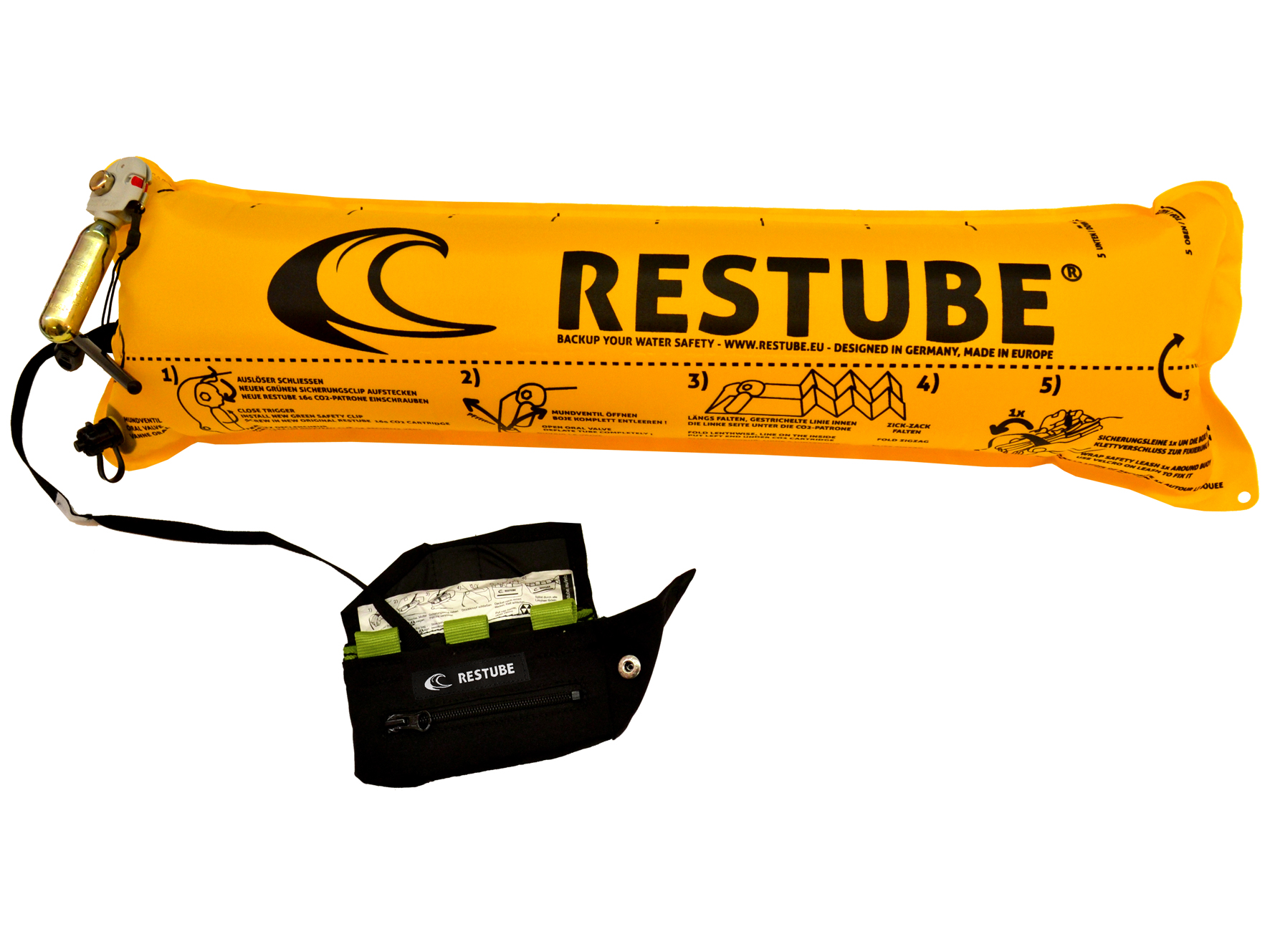 Um das Schwimmen im Freiwasser und den Wassersport sicherer zu machen, hat RESTUBE einen Airbag entwickelt, der ähnlich einer aufblasbaren Rettungsweste funktioniert, aber klein und handlich an der Hüfte getragen werden kann. Zieht man den Auslöser, bläst sich der Schwimmkörper mittels CO2-Patrone innerhalb von Sekunden auf und verwandelt sich in eine auftriebsstarke Boje im offenen Gewässer – beim Schwimmen, Surfen oder Kanufahren.