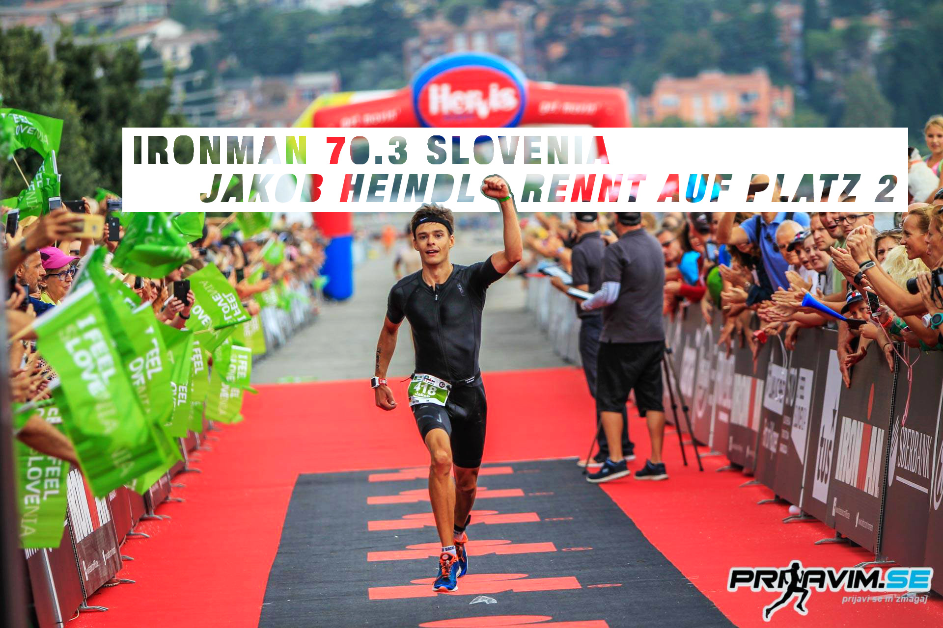 IRONMAN 70.3 SLOVENIA 2018 Jakob Heindl rennt auf Platz 2 / Motiviert von den slowenischen Zuschauern durch das Ziel in Koper © Prijavim.se