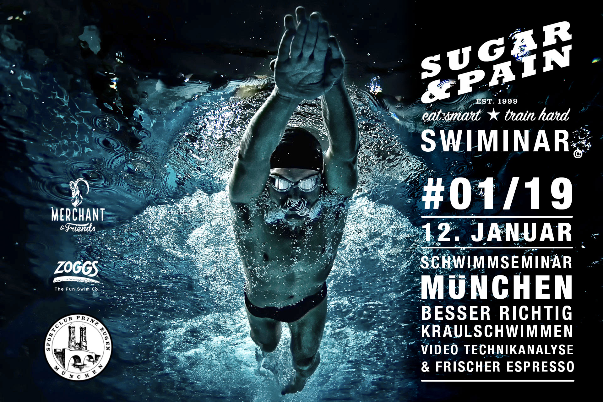 SUGAR & PAIN SWIMINAR #01/19 Besser Richtig Kraulschwimmen – Das Schwimmseminar München mit Sportwissenschaftler, DTU Triathlon Trainer und dreifachen IRONMAN, Stefan Drexl. Zwei praktische Schwimmeinheiten, Videoanalyse, Theorievortrag und frischer Espresso von MERCHANT & FIRENDS.