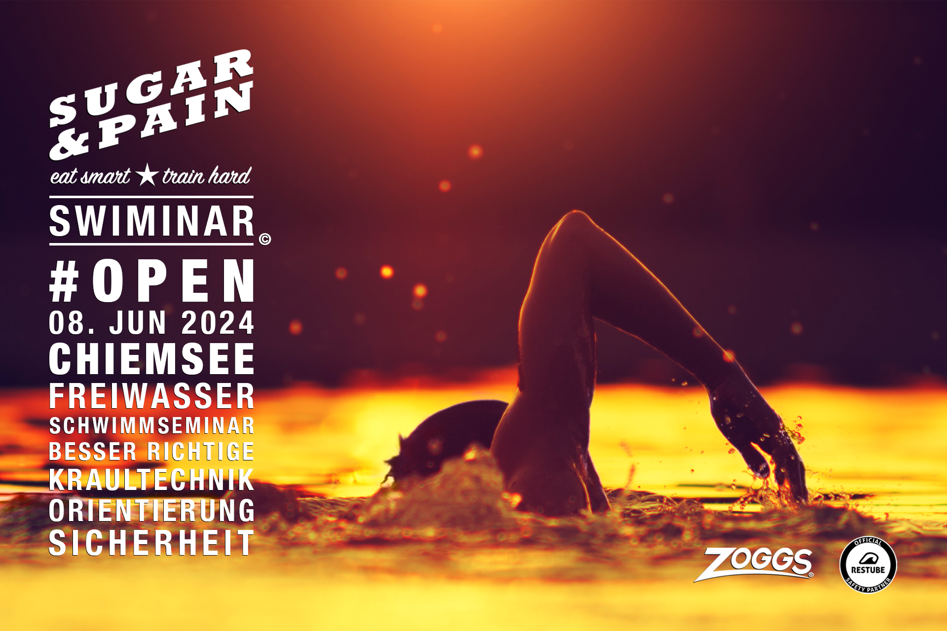 SWIMINAR #OPEN Chiemsee 2024 / Richtig Kraulschwimmen im Freiwasser / Titel © SUGAR & PAIN / AdobeStock
