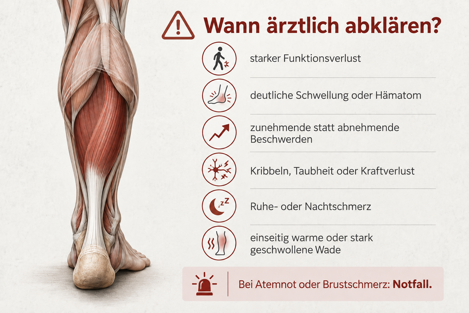 Warnzeichen bei Wadenschmerzen, die ärztlich abgeklärt werden sollten